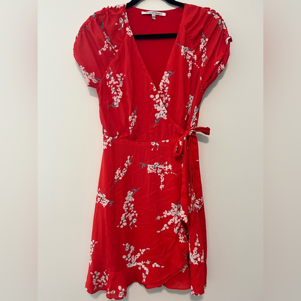 Red floral true wrap dress